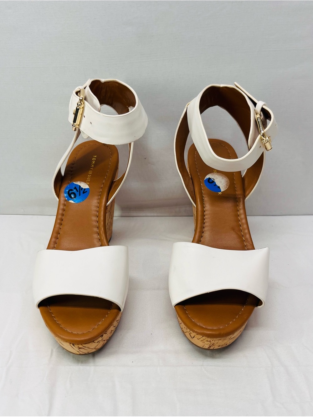 Tommy Hilfiger White Ankle-Strap Cork Wedge Sandals